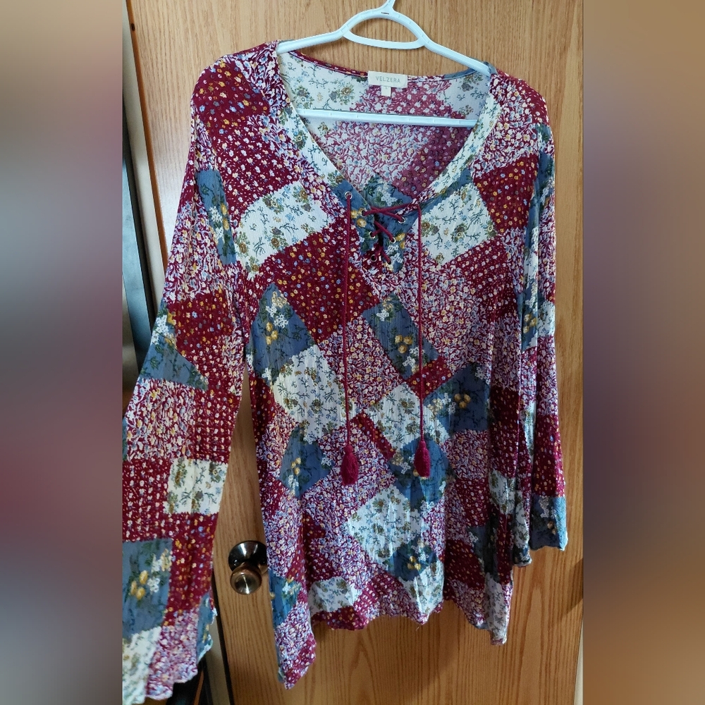 Velzera Multicolor Patchwork Lace-Up Large Blouse - image 2